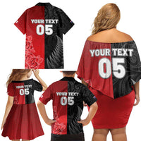 New Zealand And England Rugby Custom Family Matching Off Shoulder Short Dress and Hawaiian Shirt Red Rose Mix Maori Pattern - Polynesian Pride