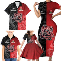 New Zealand And England Rugby Custom Family Matching Short Sleeve Bodycon Dress and Hawaiian Shirt Red Rose Mix Maori Pattern - Polynesian Pride