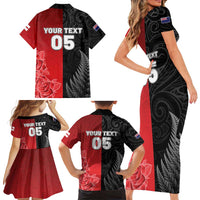 New Zealand And England Rugby Custom Family Matching Short Sleeve Bodycon Dress and Hawaiian Shirt Red Rose Mix Maori Pattern LT05 - Polynesian Pride