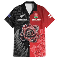 New Zealand And England Rugby Custom Family Matching Short Sleeve Bodycon Dress and Hawaiian Shirt Red Rose Mix Maori Pattern LT05 Dad's Shirt - Short Sleeve Black - Polynesian Pride