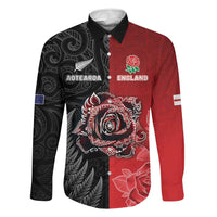 New Zealand And England Rugby Custom Family Matching Short Sleeve Bodycon Dress and Hawaiian Shirt Red Rose Mix Maori Pattern LT05 Dad's Shirt - Long Sleeve Black - Polynesian Pride