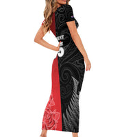 New Zealand And England Rugby Custom Family Matching Short Sleeve Bodycon Dress and Hawaiian Shirt Red Rose Mix Maori Pattern - Polynesian Pride