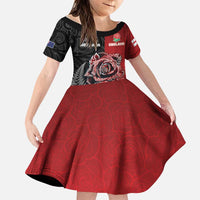 New Zealand And England Rugby Custom Family Matching Tank Maxi Dress and Hawaiian Shirt Red Rose Mix Maori Pattern LT05 Daughter's Dress Black - Polynesian Pride
