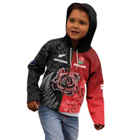 New Zealand And England Rugby Custom Kid Hoodie Red Rose Mix Maori Pattern - Polynesian Pride
