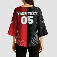 New Zealand And England Rugby Custom Kimono Sleeve Blouse Red Rose Mix Maori Pattern - Polynesian Pride