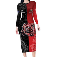New Zealand And England Rugby Custom Long Sleeve Bodycon Dress Red Rose Mix Maori Pattern LT05 Long Dress Black - Polynesian Pride