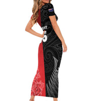 New Zealand And England Rugby Custom Short Sleeve Bodycon Dress Red Rose Mix Maori Pattern LT05 - Polynesian Pride