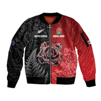 New Zealand And England Rugby Custom Sleeve Zip Bomber Jacket Red Rose Mix Maori Pattern LT05 Unisex Black - Polynesian Pride