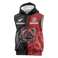New Zealand And England Rugby Custom Sleeveless Zip Hoodie Red Rose Mix Maori Pattern LT05 Black - Polynesian Pride
