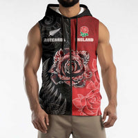 New Zealand And England Rugby Custom Sleeveless Zip Hoodie Red Rose Mix Maori Pattern LT05 - Polynesian Pride