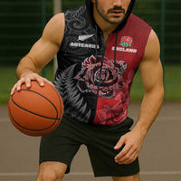 New Zealand And England Rugby Custom Sleeveless Zip Hoodie Red Rose Mix Maori Pattern LT05 - Polynesian Pride