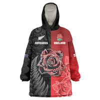 New Zealand And England Rugby Custom Wearable Blanket Hoodie Red Rose Mix Maori Pattern LT05 One Size Black - Polynesian Pride