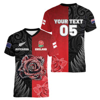 New Zealand And England Rugby Custom Women V-Neck T-Shirt Red Rose Mix Maori Pattern LT05 - Polynesian Pride