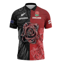 New Zealand And England Rugby Custom Zipper Polo Shirt Red Rose Mix Maori Pattern LT05 Black - Polynesian Pride