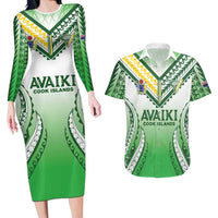 Custom Cook Islands Avaiki Rugby Couples Matching Long Sleeve Bodycon Dress and Hawaiian Shirt Go Champions LT05 Green - Polynesian Pride