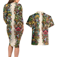 Hawaii And Japan Couples Matching Long Sleeve Bodycon Dress and Hawaiian Shirt Tiki With Oni Mask LT05 - Polynesian Pride