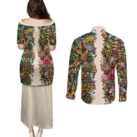 Hawaii And Japan Couples Matching Puletasi and Long Sleeve Button Shirt Tiki With Oni Mask - Polynesian Pride