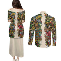 Hawaii And Japan Couples Matching Puletasi and Long Sleeve Button Shirt Tiki With Oni Mask - Polynesian Pride