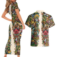 Hawaii And Japan Couples Matching Short Sleeve Bodycon Dress and Hawaiian Shirt Tiki With Oni Mask - Polynesian Pride