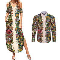 Hawaii And Japan Couples Matching Summer Maxi Dress and Long Sleeve Button Shirt Tiki With Oni Mask - Polynesian Pride