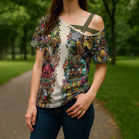 Hawaii And Japan Cross Shoulder Shirt Tiki With Oni Mask - Polynesian Pride