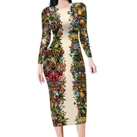 Hawaii And Japan Family Matching Long Sleeve Bodycon Dress and Hawaiian Shirt Tiki With Oni Mask LT05 Mom's Dress Colorful - Polynesian Pride