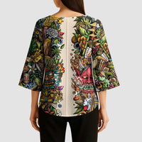 Hawaii And Japan Kimono Sleeve Blouse Tiki With Oni Mask - Polynesian Pride