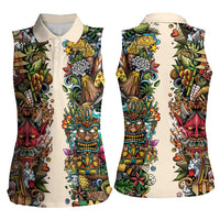 Hawaii And Japan Women Sleeveless Polo Shirt Tiki With Oni Mask - Polynesian Pride