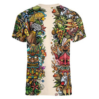 Hawaii And Japan Women V-Neck T-Shirt Tiki With Oni Mask - Polynesian Pride