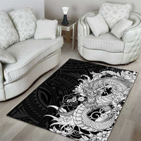 Hawaiian And Japanese Culture Area Rug Irezumi Dragon With Polynesian Pattern Black - Polynesian Pride