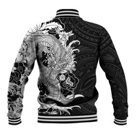 Hawaiian And Japanese Culture Baseball Jacket Irezumi Dragon With Polynesian Pattern Black - Polynesian Pride
