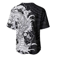 Hawaiian And Japanese Culture Baseball Jersey Irezumi Dragon With Polynesian Pattern Black - Polynesian Pride