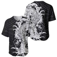 Hawaiian And Japanese Culture Baseball Jersey Irezumi Dragon With Polynesian Pattern Black - Polynesian Pride