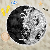 Hawaiian And Japanese Culture Beach Blanket Irezumi Dragon With Polynesian Pattern Black - Polynesian Pride