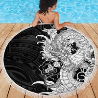 Hawaiian And Japanese Culture Beach Blanket Irezumi Dragon With Polynesian Pattern Black - Polynesian Pride