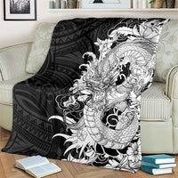 Hawaiian And Japanese Culture Blanket Irezumi Dragon With Polynesian Pattern Black - Polynesian Pride