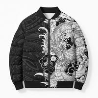 Hawaiian And Japanese Culture Bomber Puffer Jacket Irezumi Dragon With Polynesian Pattern Black - Polynesian Pride