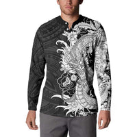 Hawaiian And Japanese Culture Button Sweatshirt Irezumi Dragon With Polynesian Pattern Black - Polynesian Pride
