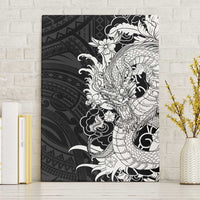 Hawaiian And Japanese Culture Canvas Wall Art Irezumi Dragon With Polynesian Pattern Black - Polynesian Pride