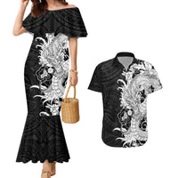 Hawaiian And Japanese Culture Couples Matching Mermaid Dress and Hawaiian Shirt Irezumi Dragon With Polynesian Pattern Black - Polynesian Pride