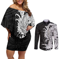 Hawaiian And Japanese Culture Couples Matching Off Shoulder Short Dress and Long Sleeve Button Shirt Irezumi Dragon With Polynesian Pattern Black - Polynesian Pride