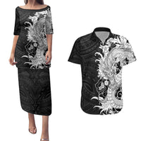Hawaiian And Japanese Culture Couples Matching Puletasi and Hawaiian Shirt Irezumi Dragon With Polynesian Pattern Black - Polynesian Pride