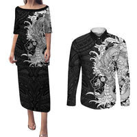 Hawaiian And Japanese Culture Couples Matching Puletasi and Long Sleeve Button Shirt Irezumi Dragon With Polynesian Pattern Black LT05 Black - Polynesian Pride