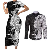 Hawaiian And Japanese Culture Couples Matching Short Sleeve Bodycon Dress and Long Sleeve Button Shirt Irezumi Dragon With Polynesian Pattern Black - Polynesian Pride