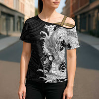 Hawaiian And Japanese Culture Cross Shoulder Shirt Irezumi Dragon With Polynesian Pattern Black - Polynesian Pride
