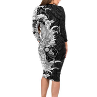 Hawaiian And Japanese Culture Family Matching Long Sleeve Bodycon Dress and Hawaiian Shirt Irezumi Dragon With Polynesian Pattern Black - Polynesian Pride