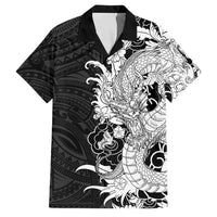 Hawaiian And Japanese Culture Family Matching Off Shoulder Maxi Dress and Hawaiian Shirt Irezumi Dragon With Polynesian Pattern Black LT05 Dad's Shirt - Short Sleeve Black - Polynesian Pride