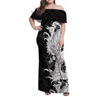 Hawaiian And Japanese Culture Family Matching Off Shoulder Maxi Dress and Hawaiian Shirt Irezumi Dragon With Polynesian Pattern Black LT05 Mom's Dress Black - Polynesian Pride