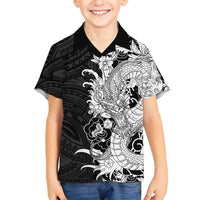 Hawaiian And Japanese Culture Family Matching Off Shoulder Maxi Dress and Hawaiian Shirt Irezumi Dragon With Polynesian Pattern Black LT05 Son's Shirt Black - Polynesian Pride