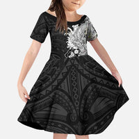 Hawaiian And Japanese Culture Family Matching Off Shoulder Short Dress and Hawaiian Shirt Irezumi Dragon With Polynesian Pattern Black LT05 Daughter's Dress Black - Polynesian Pride